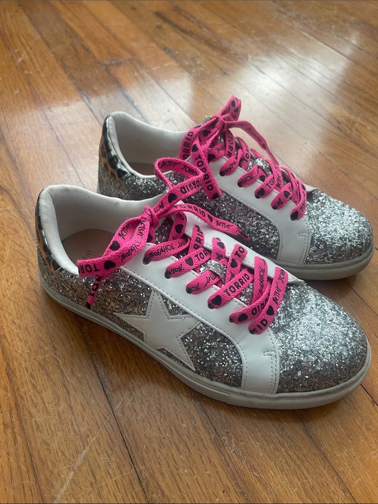 Betsey Johnson Shoes - Torrid - Betsy Johnson - Silver Glitter Star Sneakers with Pink Laces